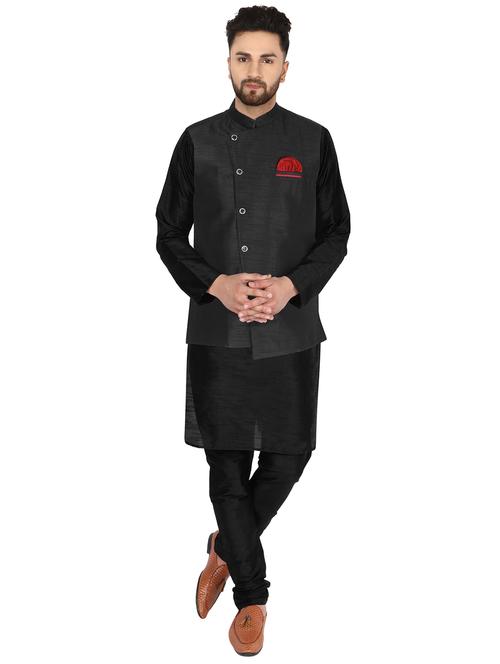 black solid kurta pyjama set with black solid nehru jacket - 17733391 - Very Small Image - 1