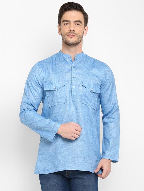 blue solid khadi short kurta - 17733700 - Very Small Image - 1