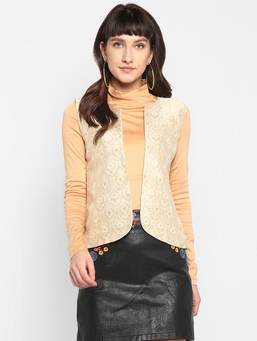 women beige self design seevless jacket - 17733722 - Very Small Image - 1