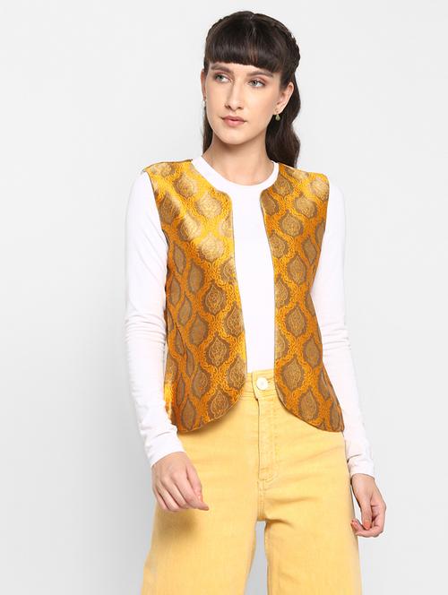 women yellow self design sleeveless jacket - 17733726 - Very Small Image - 1