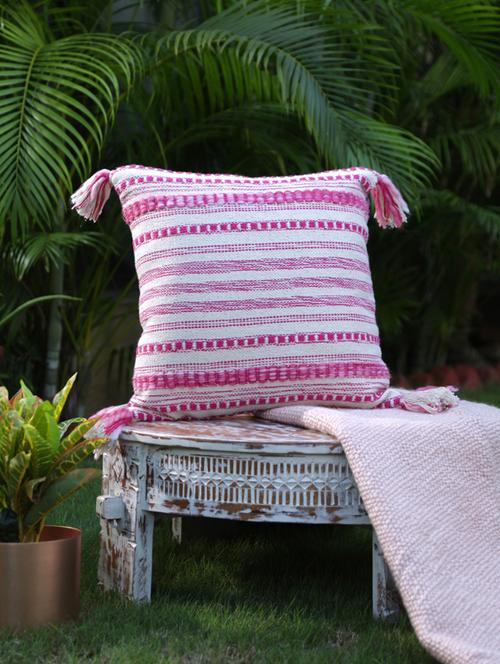 ivory and fuschia woven cushion cover with tassels - 17735331 - Very Small Image - 1