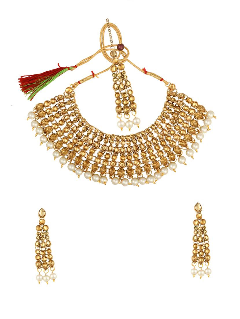 gold brass choker necklaces with earring and maangtikka - 17736481 - Standard Image - 2