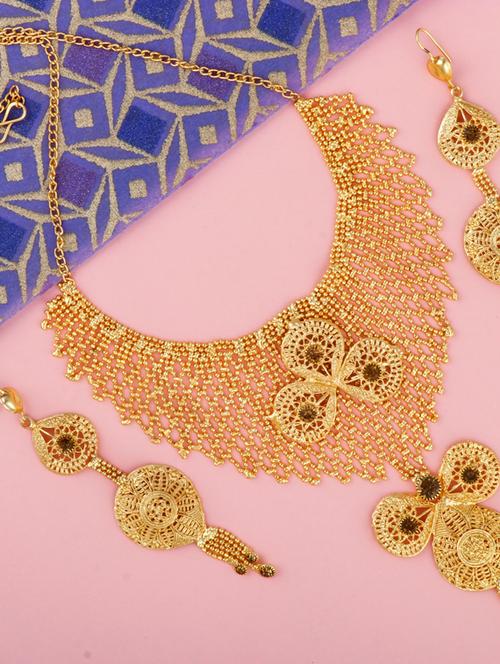 gold pleated brass choker necklaces with earring - 17737036 - Very Small Image - 1