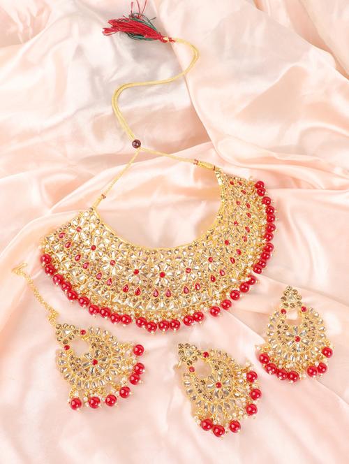 red brass choker necklaces with earring and maangtikka - 17739075 - Very Small Image - 1