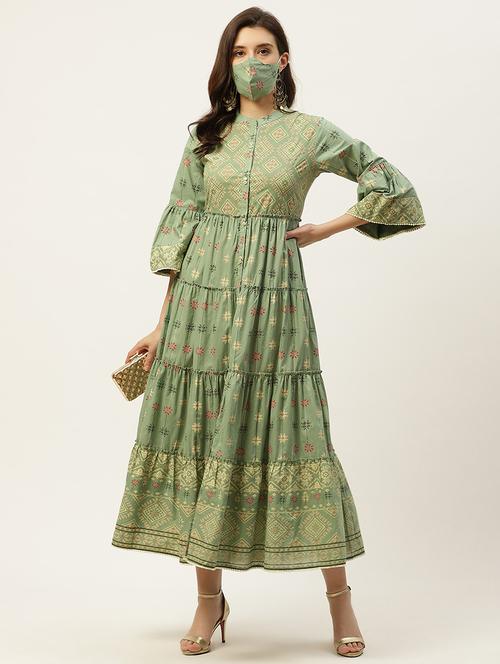 printed tiered ethnic dress with mask - 17739087 - Very Small Image - 1