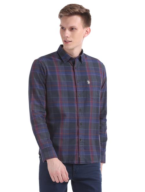 navy blue checkered casual shirt - 17739550 - Very Small Image - 1