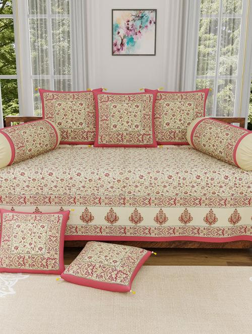 trency sanganeri print 150 gsm cotton diwan set with - 1 single bed sheet with 5 cushions covers and 2 bolster covers - 17739765 - Very Small Image - 1