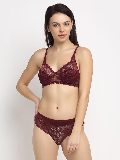 maroon laced bra and panty set - 17740541 - Very Small Image - 1