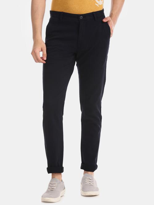 navy blue solid flat front casual trouser - 17741578 - Very Small Image - 1