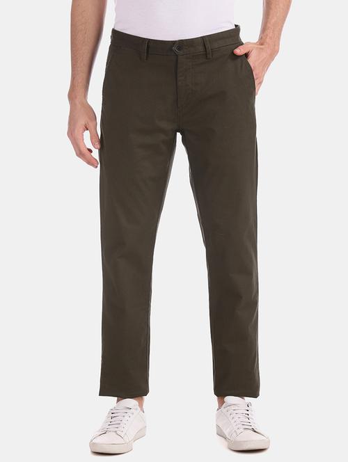 coffee brown solid flat front casual trousers - 17741681 - Very Small Image - 1