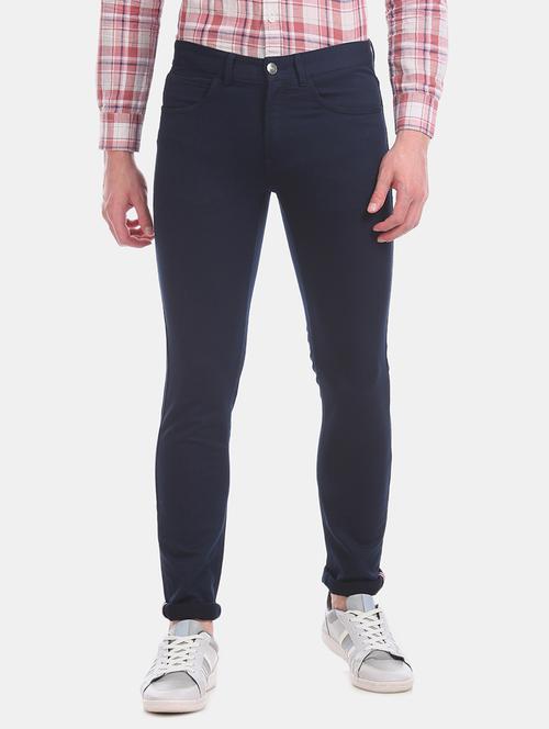 blue solid flat front casual trouser - 17741770 - Very Small Image - 1