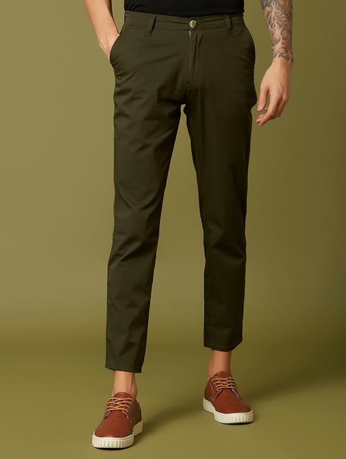 olive green solid flat front casual trouser - 17750255 - Very Small Image - 1