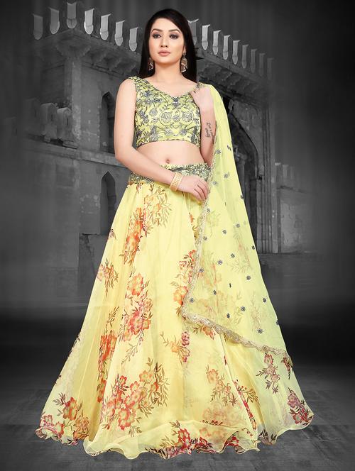 yellow organza flared lehenga - 17756019 - Very Small Image - 1