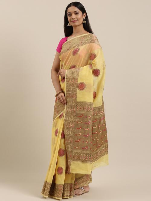 women's printed yellow colored saree with blouse - 17757049 - Very Small Image - 1