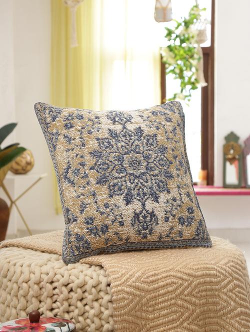 jacquard cotton chenille cushion cover in persian motif - beige and blue - 17758226 - Very Small Image - 1