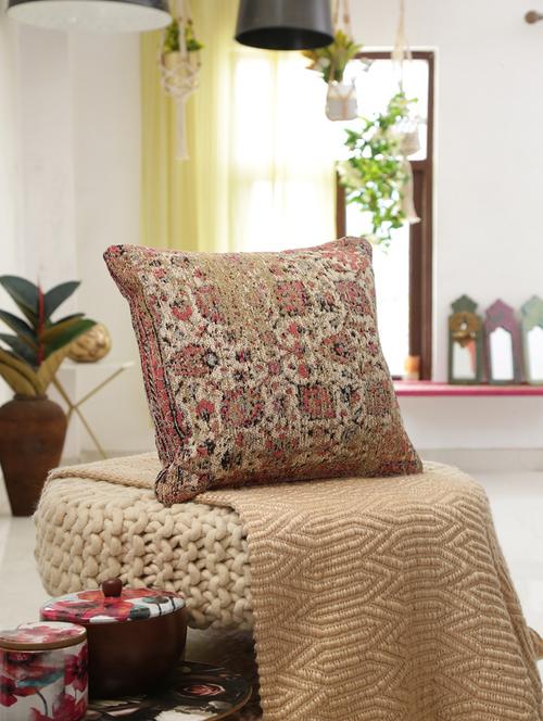 jacquard cotton chenille cushion cover in persian motif - beige and maroon - 17758228 - Very Small Image - 1
