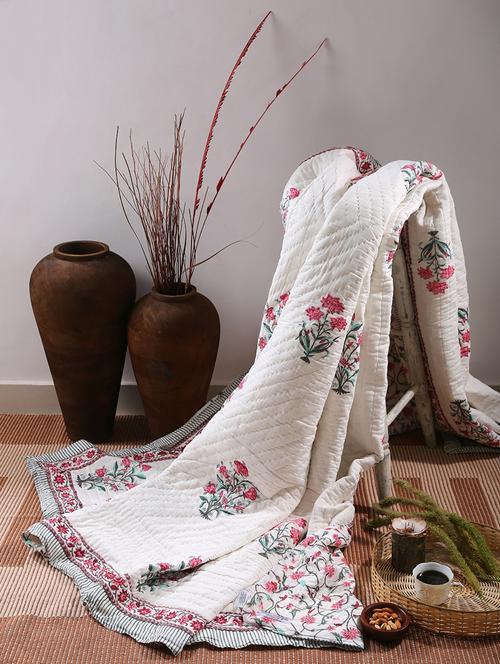 beautiful cypress bouquet with birds in pink hand block printed, hand crafted reversible double quilt in eco friendly cotton - 17758250 - Very Small Image - 1