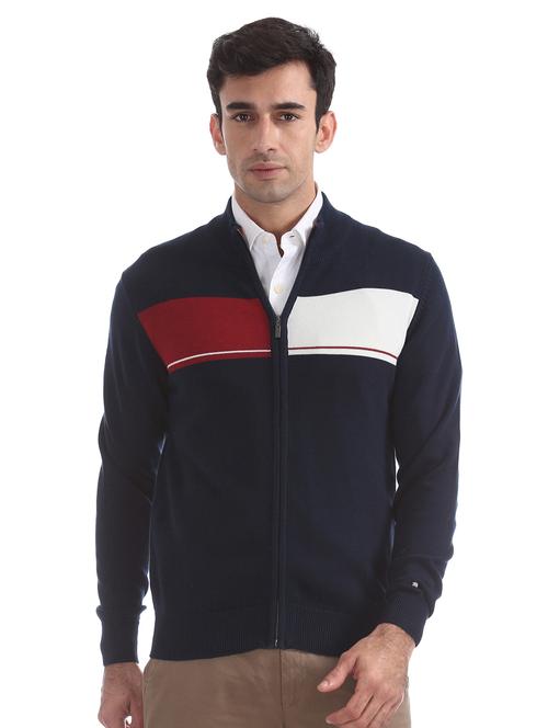 navy blue color block cardigan - 17761266 - Very Small Image - 1