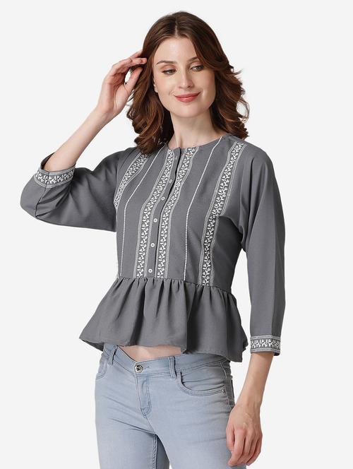 round neck embroidered detail top  - 17761641 - Very Small Image - 1