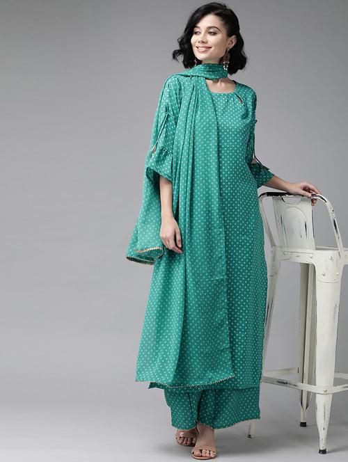 printed teal kurta palazzo set - 17762398 - Very Small Image - 1