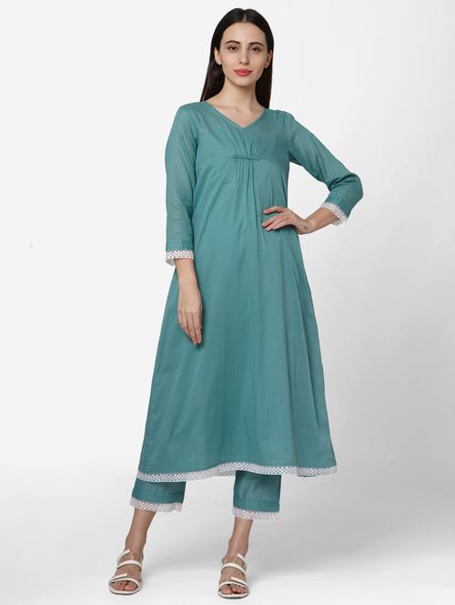 solid teal kurta pant set - 17765782 - Very Small Image - 1