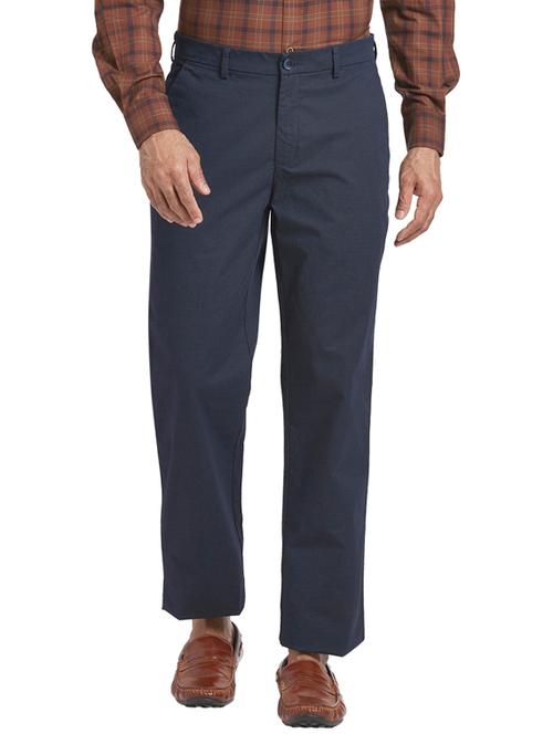 navy blue textured flat front casual trouser - 17765921 - Very Small Image - 1