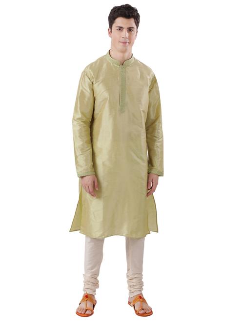 olive green solid long kurta with embroidered neckline - 17766614 - Very Small Image - 1