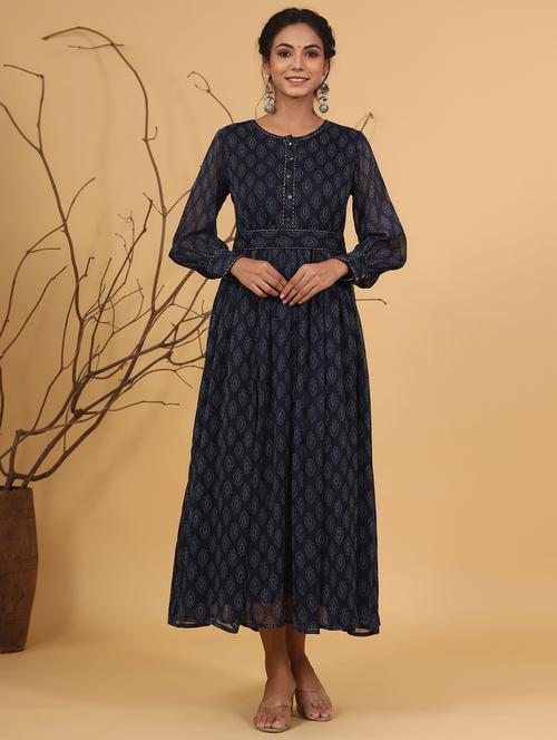 navy blue flared ethnic dress - 17778124 - Very Small Image - 1