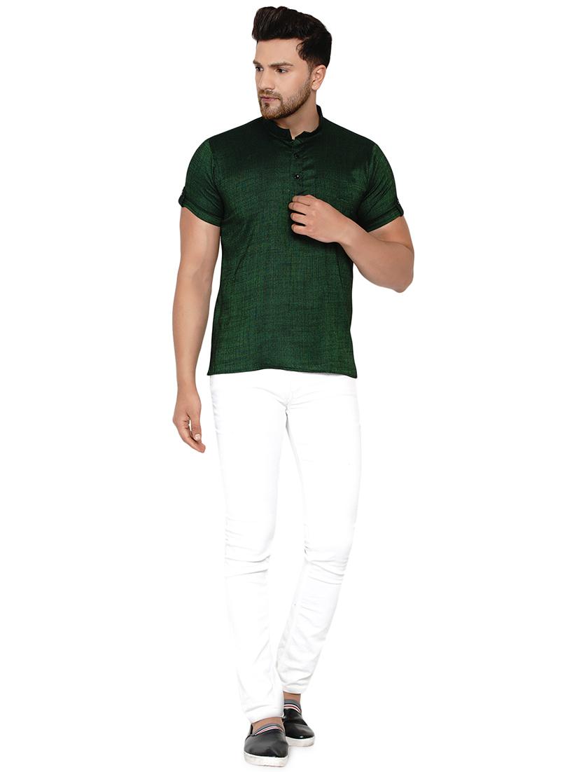 bottle-green solid short kurta - 17779422 - Zoom Image - 3