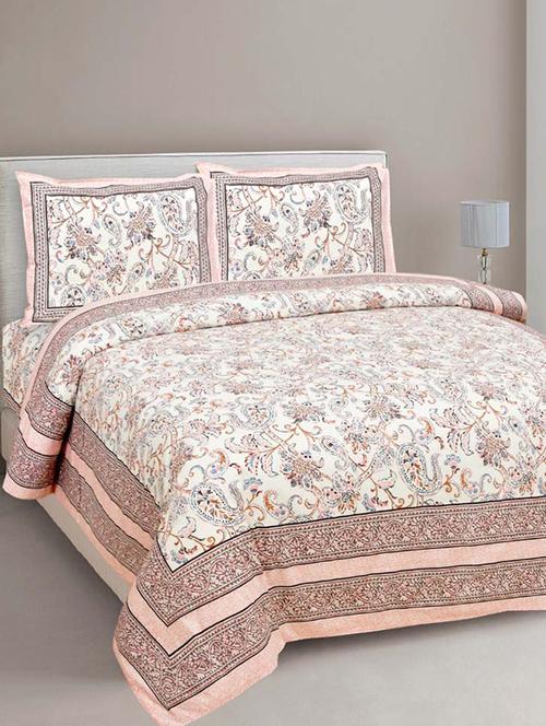pure cotton paisley floral ethnic peach border jaipuri double bedsheet - 17780926 - Very Small Image - 1