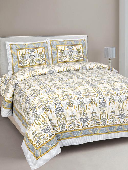 pure cotton artistic modern green mustard jaipuri double bedsheet - 17780933 - Very Small Image - 1