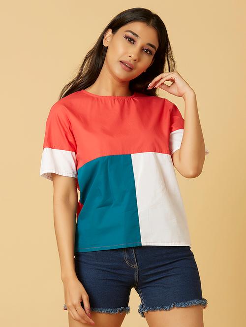 round neck color block top  - 17783368 - Very Small Image - 1