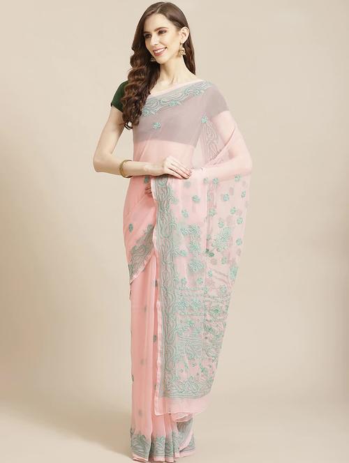 ada hand-embroidered peach chikankari saree with blouse - 17783759 - Very Small Image - 1