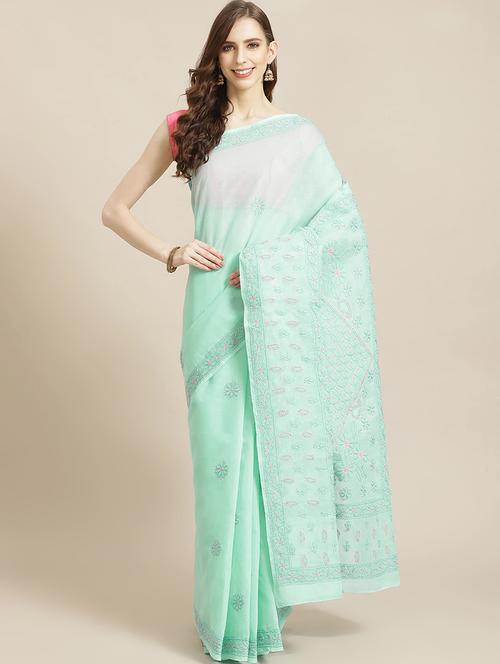 ada hand-embroidered green chikankari saree with blouse - 17783763 - Very Small Image - 1