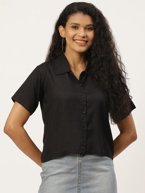 button up solid crop shirt - 17785595 - Very Small Image - 1