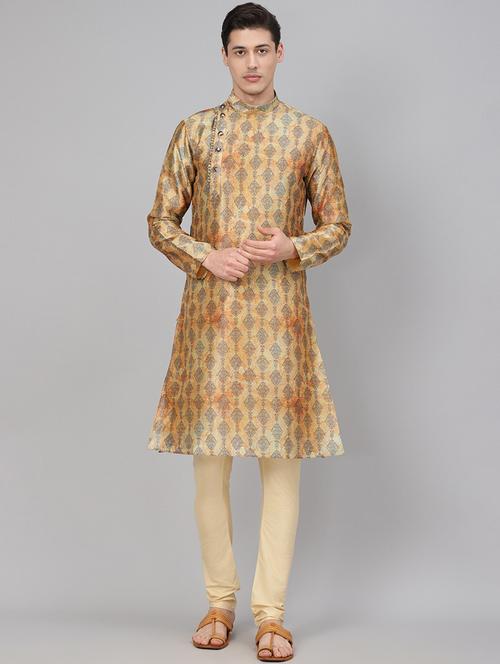 yellow printed silk blend kurta pyjama set - 17790451 - Very Small Image - 1