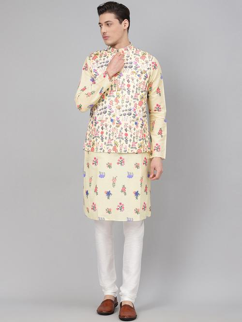 yellow solid kurta pyjama set with printed nehru jacket - 17790484 - Very Small Image - 1