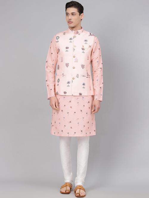 pink printed kurta pyjama set with printed nehru jacket - 17790485 - Very Small Image - 1