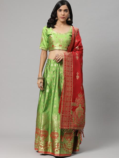 green art silk flared lehenga - 17795469 - Very Small Image - 1