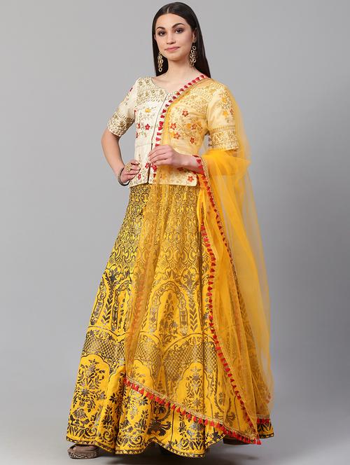 yellow art silk aline lehenga - 17795611 - Very Small Image - 1
