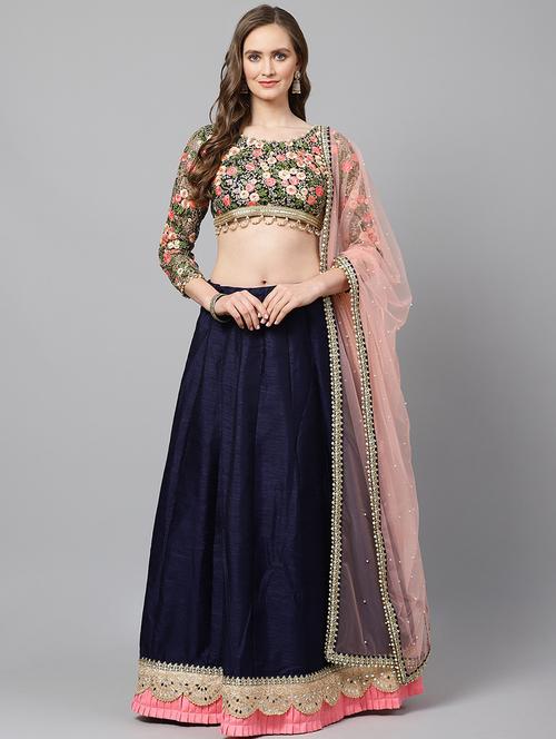 navy blue art silk flared lehenga - 17795659 - Very Small Image - 1