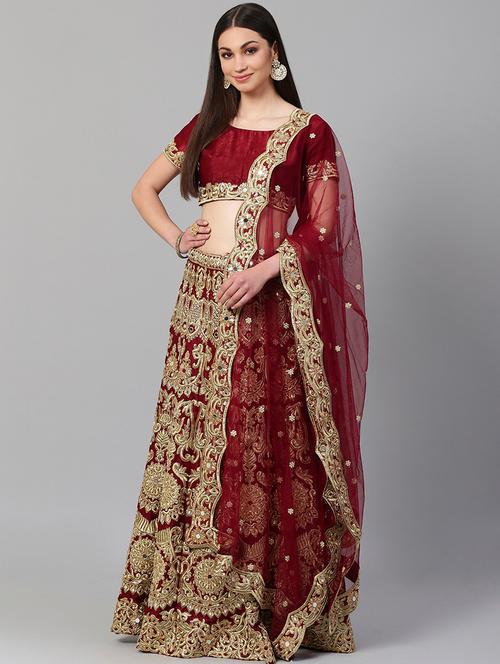 maroon poly silk aline lehenga - 17795661 - Very Small Image - 1
