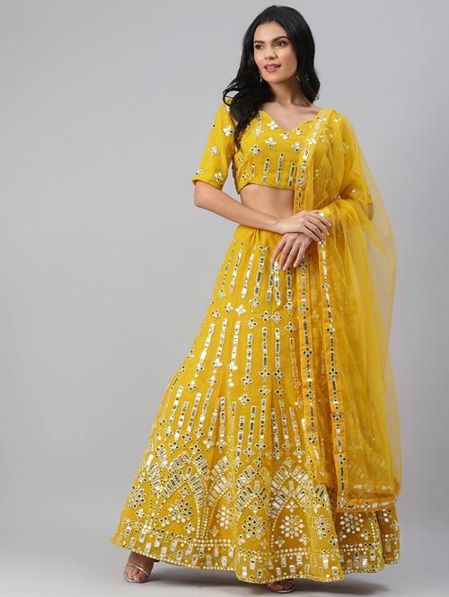 yellow georgette aline lehenga - 17805975 - Very Small Image - 1