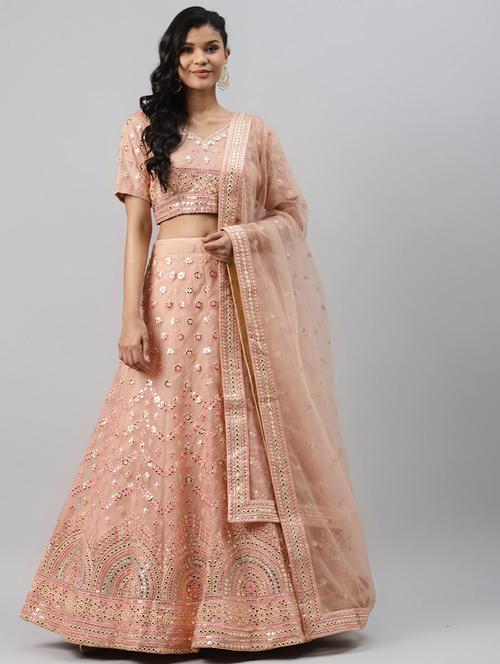 peach organza aline lehenga - 17806002 - Very Small Image - 1