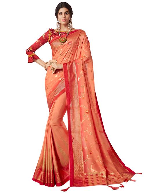 women's solid peach colored saree with blouse - 17806499 - Very Small Image - 1