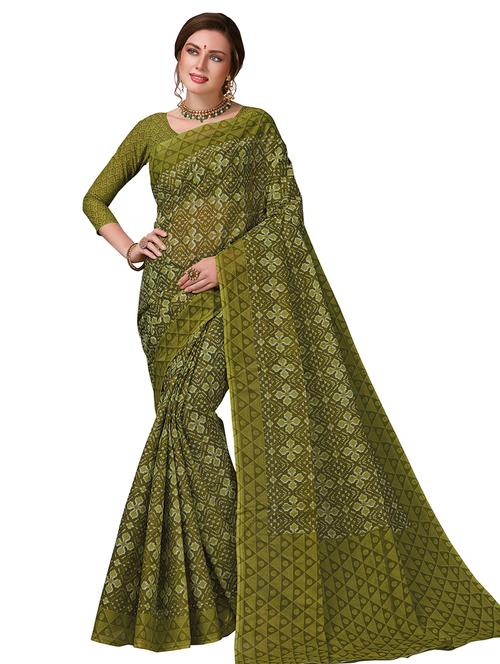 Women's Printed Olive Colored Saree With Blouse - 17808463 - Very Small Image - 1