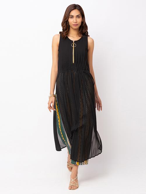 black solid pleated straight kurta - 17814513 - Very Small Image - 1