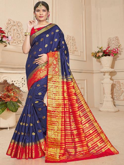 navy silk saree with blouse - 17815270 - Very Small Image - 1