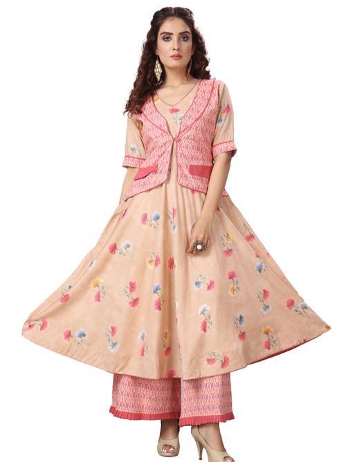 Pink Floral Printed Short Sleeves Flared Kurta - 17815443 - Very Small Image - 1