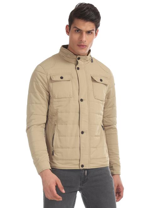 beige solid casual jacket - 17815971 - Very Small Image - 1